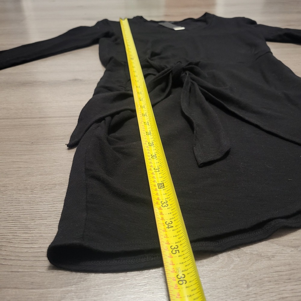 MONROW Supersoft Black V Neck Long Sleeve Tie Waist Ruched Mini Dress Small - Picture 9 of 10